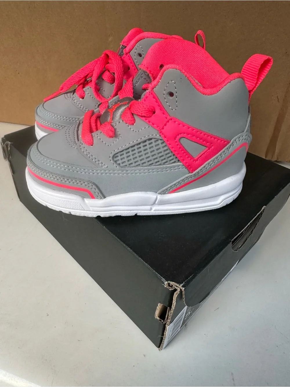 Jordan Kids Grey Sneakers with Neon Pink Accents